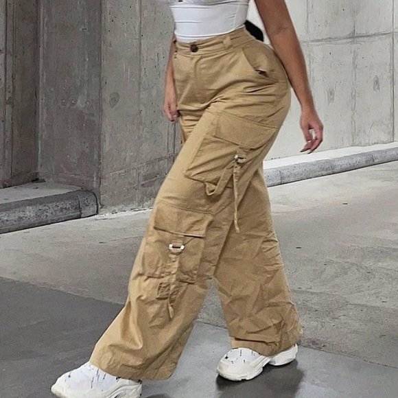 Khaki Casual Womens Flap Pocket Side Cargo Pants - Picture 3 of 4